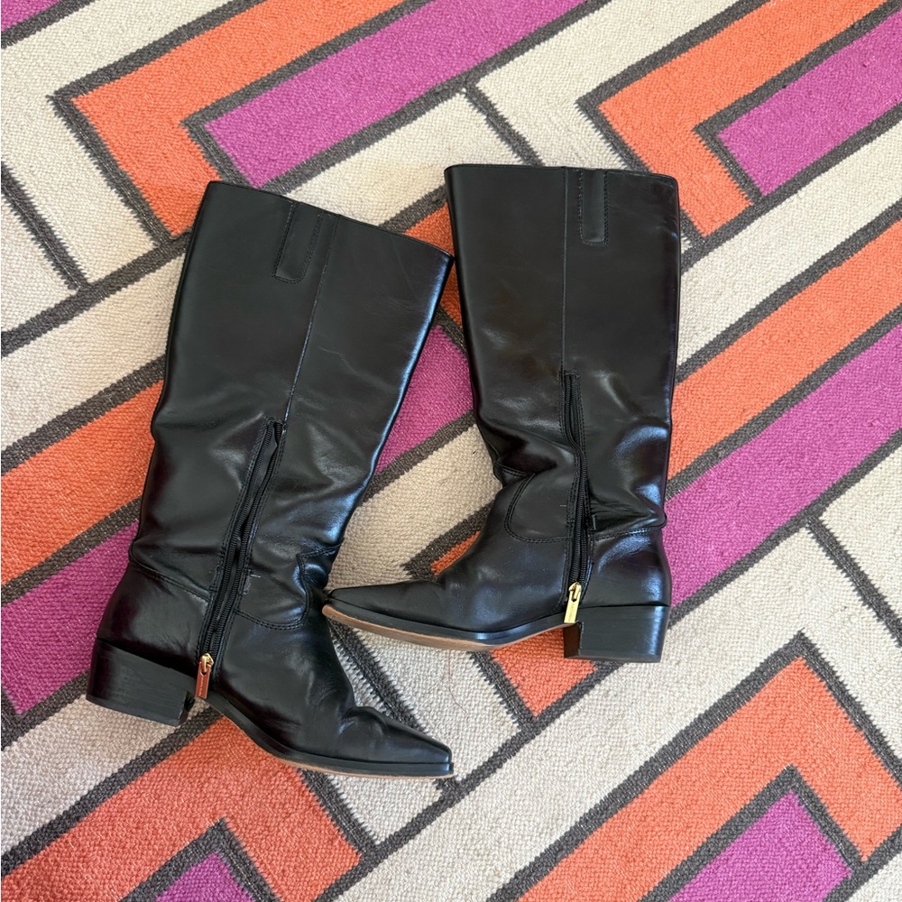 Vince Camuto Extra Wide Calf 10 Black Leather Mid-Calf Low Heel/Flat Boots - Picture 2 of 10